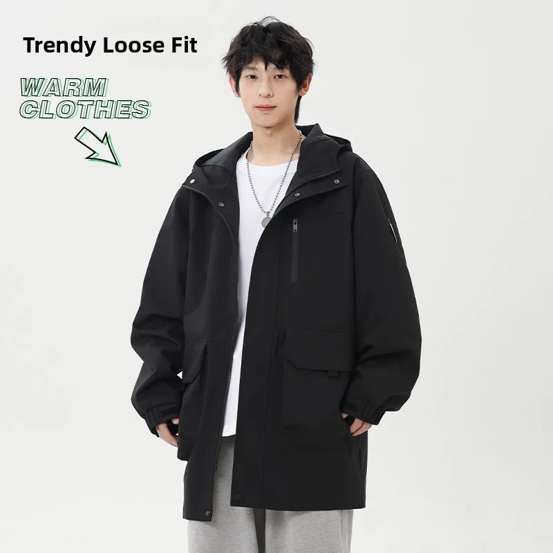 

American Sle Loose Men's Hooded Jaet Multi-ket Casual Warm Windproof Autumn Winter Faion Workwear Upper Body