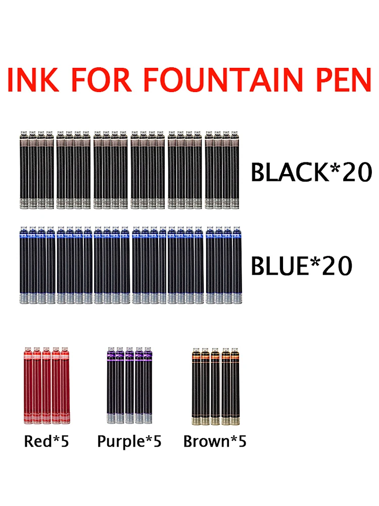 55 Pcs Ink Cartridge For Fountain Pen 3.4mm Diameter with Black Blue Red Brown Purpel