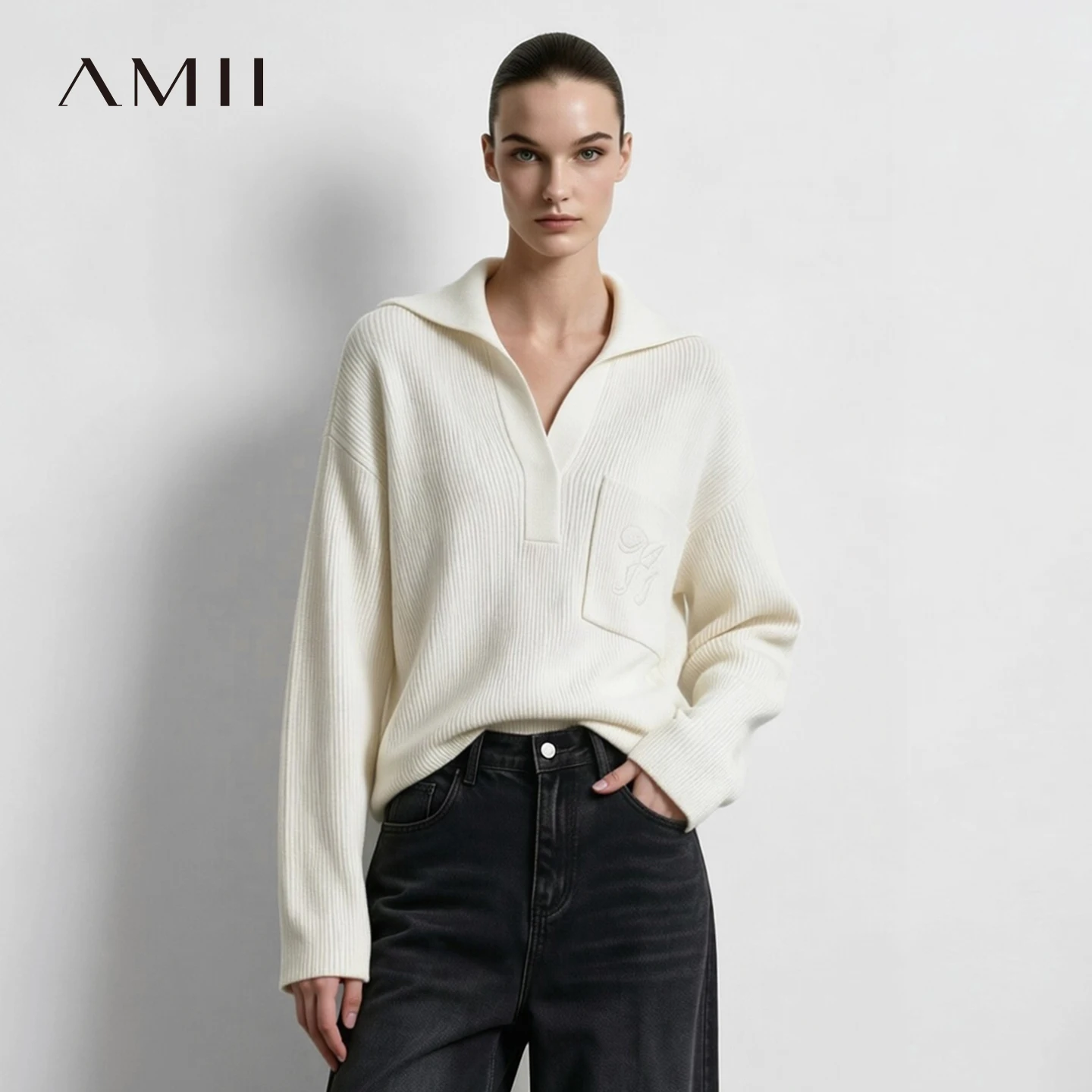 Amii Knit Sweater Pocket Drop Shoulder Loose Fit Slimming Minimalist Commuter 2026 Winter Women's Sweater and Pullovers 12624061