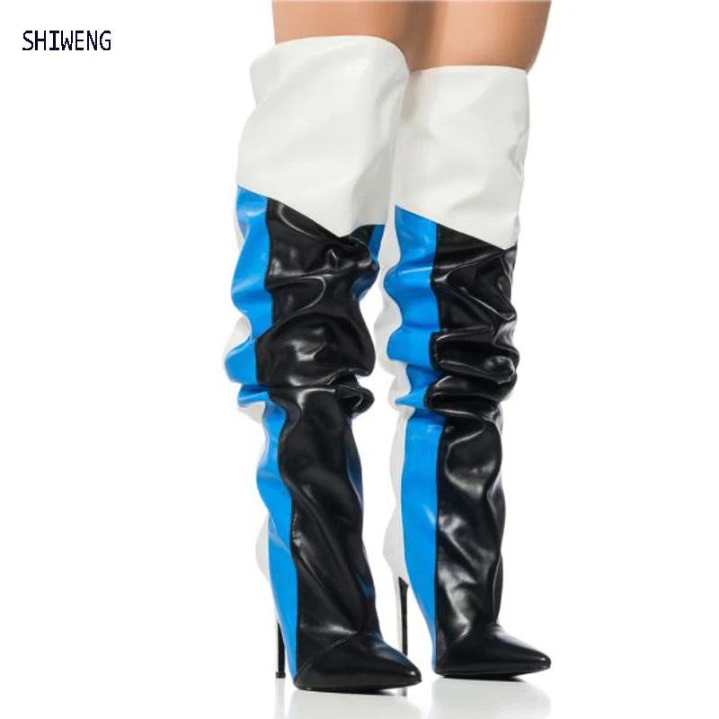 

Patchwork Pointy Toe Boots Thin High Heels Boots Side Zipper Sexy Over Knee High Boots Autumn Party Dress Women Shoes New 44