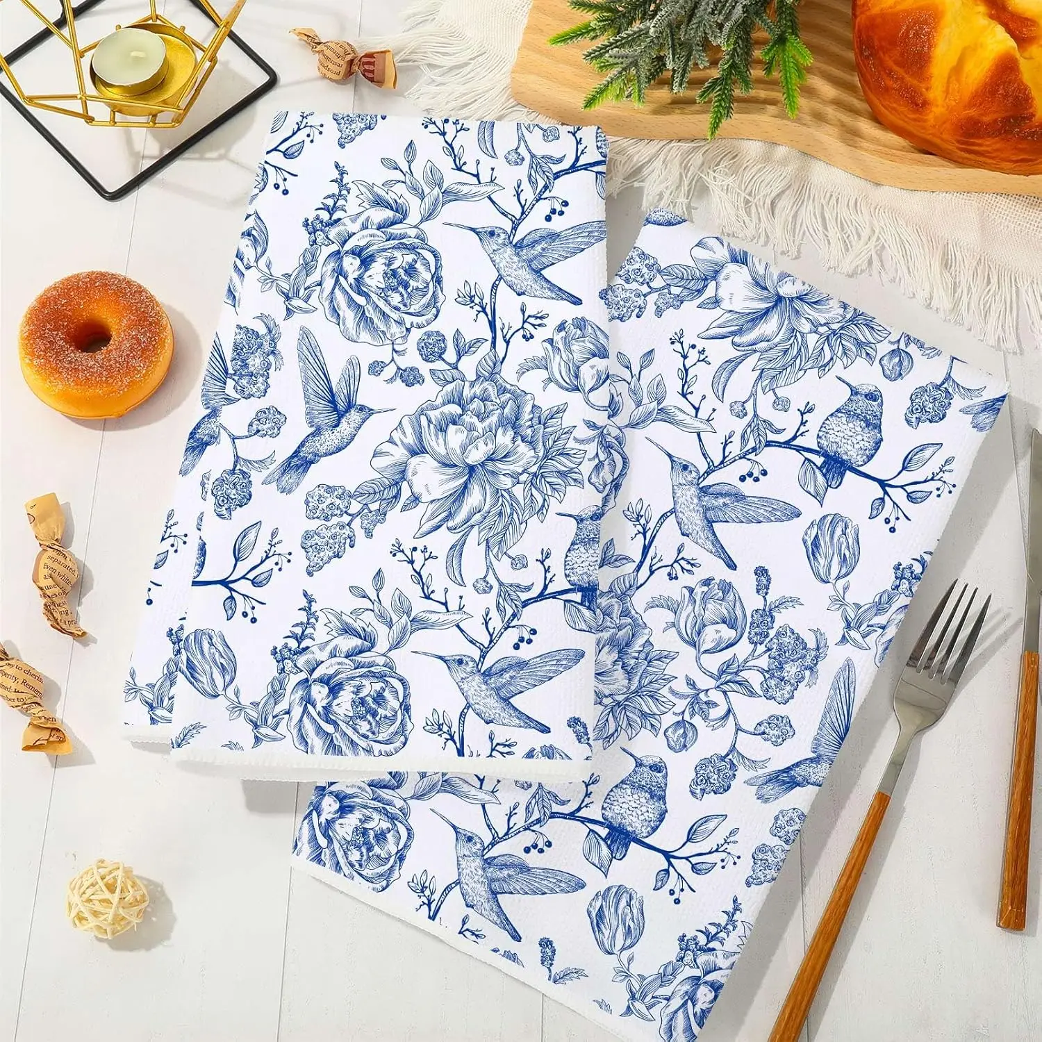 Chinoiserie Floral Kitchen Towels Blue White Flowers Bird Dish Towels Decorative Hand Drying Tea Towel for Baking Cleaning