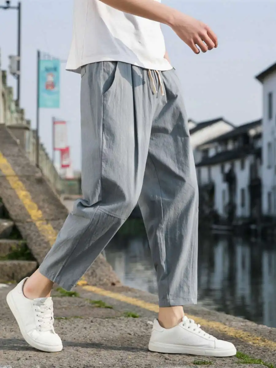 

New Chinese Style Cotton Linen Men's Nine Points Thin Summer Wide Leg Casual Loose Harlan Pants Simple Male Fashion