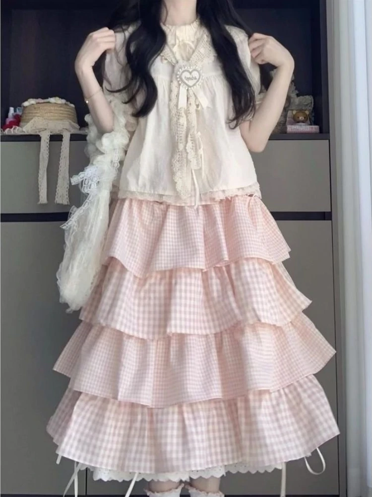 Sweet Elegant Warm Loose 2-piece Set Women Summer Japanese Casual Kawaii Tops + New High-waist Pink Plaid Lovely Long Cake Skirt