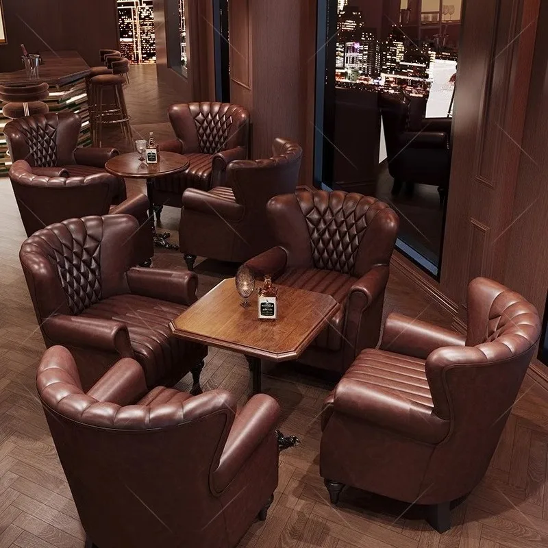 

Retro Whiskey Bar Sofa American Cafe Table and Chair Cigar Room Tiger Single Seat Combination Light Luxury
