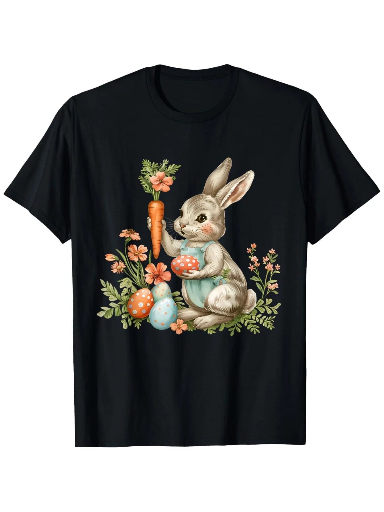 

Easter Bunny with Carrot and Eggs Graphic Tee Breathable Cotton Short Sleeve Casual T Shirt for Men Spring