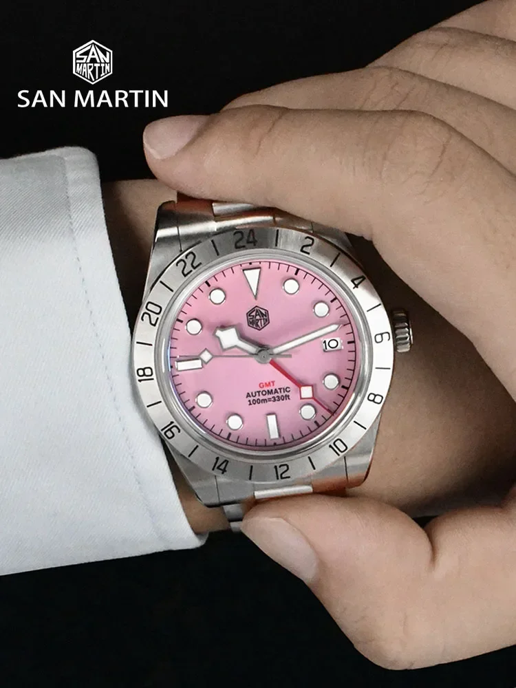 San Martin Pink Dial BB GMT NH34 39mm Classic Luxury Business Men Watch Automatic Mechanical Sapphire Waterproof Relojes SN0054