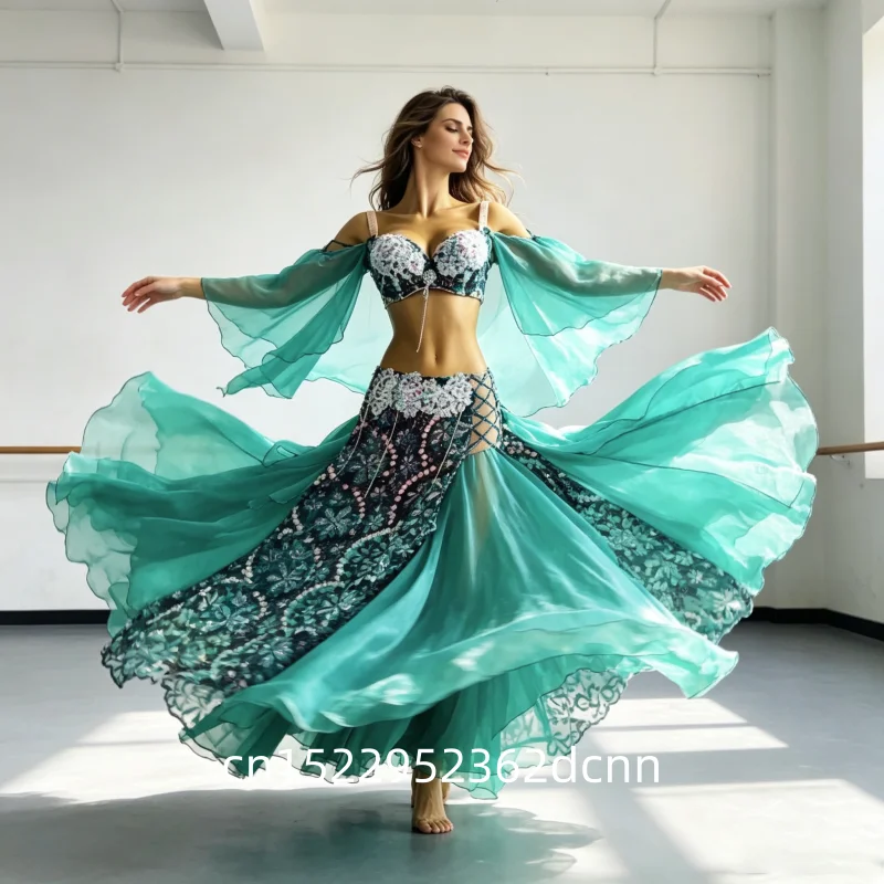Women's Professional Belly Dance Competition Outfit with AB Stones Oriental Dance Top Skirt Set for Senior Level