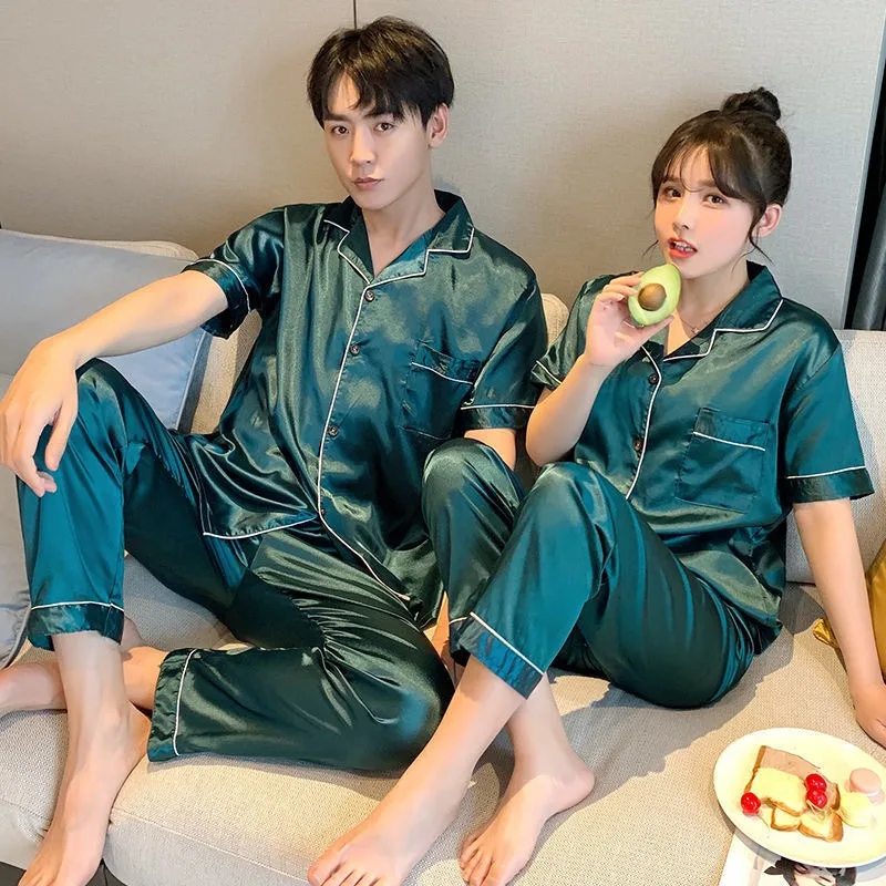 Ice Silk Satin Couples Pajamas Thin New Women Men Two-piece Plus Size M-5XL Homewear Set Pijama Set Women Pijama Hombre Mujer