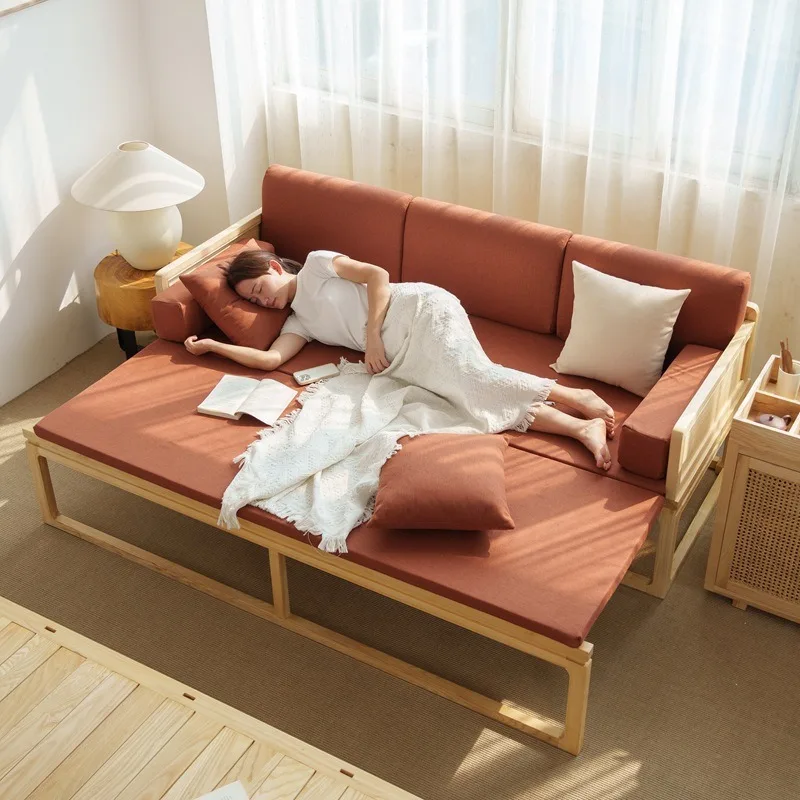 

New Chinese-style hoarding sliding bed Arhat Solid wood wabi-sandy wind retractable sofa bed Classical ash wood zen