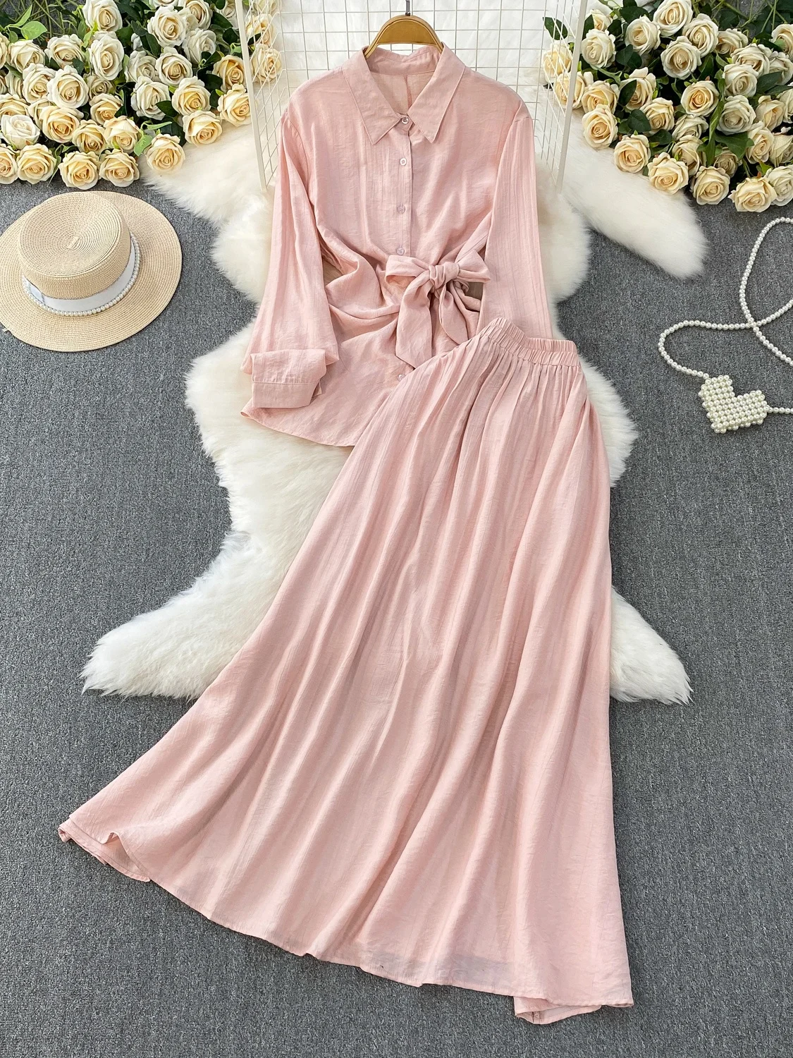 Pink Long Sleeve Sun Protection Shirt Women's Summer Waist Cinching Shirt Two-Piece Set High Waist  Skirt Fashionable Ens...