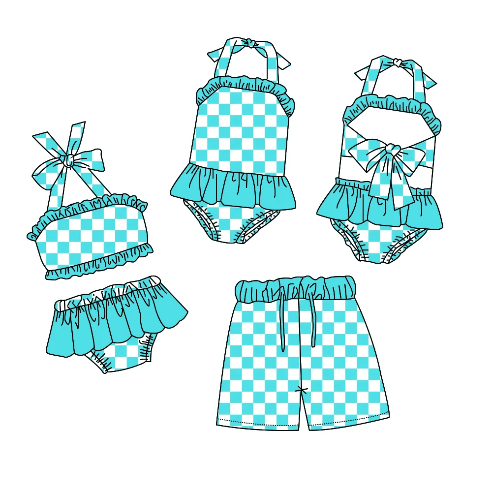 Boutique Summer Green Green Grid Girls Swimsuit with Suspender and One-piece Swimsuit Boys Swim Trunks Milk Silk