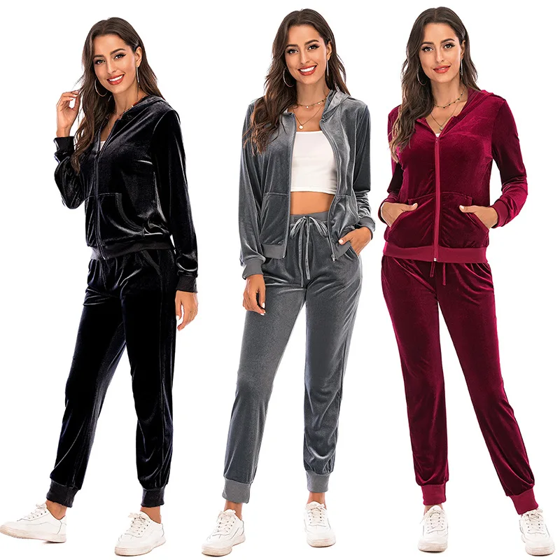 Velour Tracksuit Womens 2 Piece Sweatshirt & Sweatpants Set Full Zip Hoodie Sweatsuit with Pockets Casual Sportswear Autumn