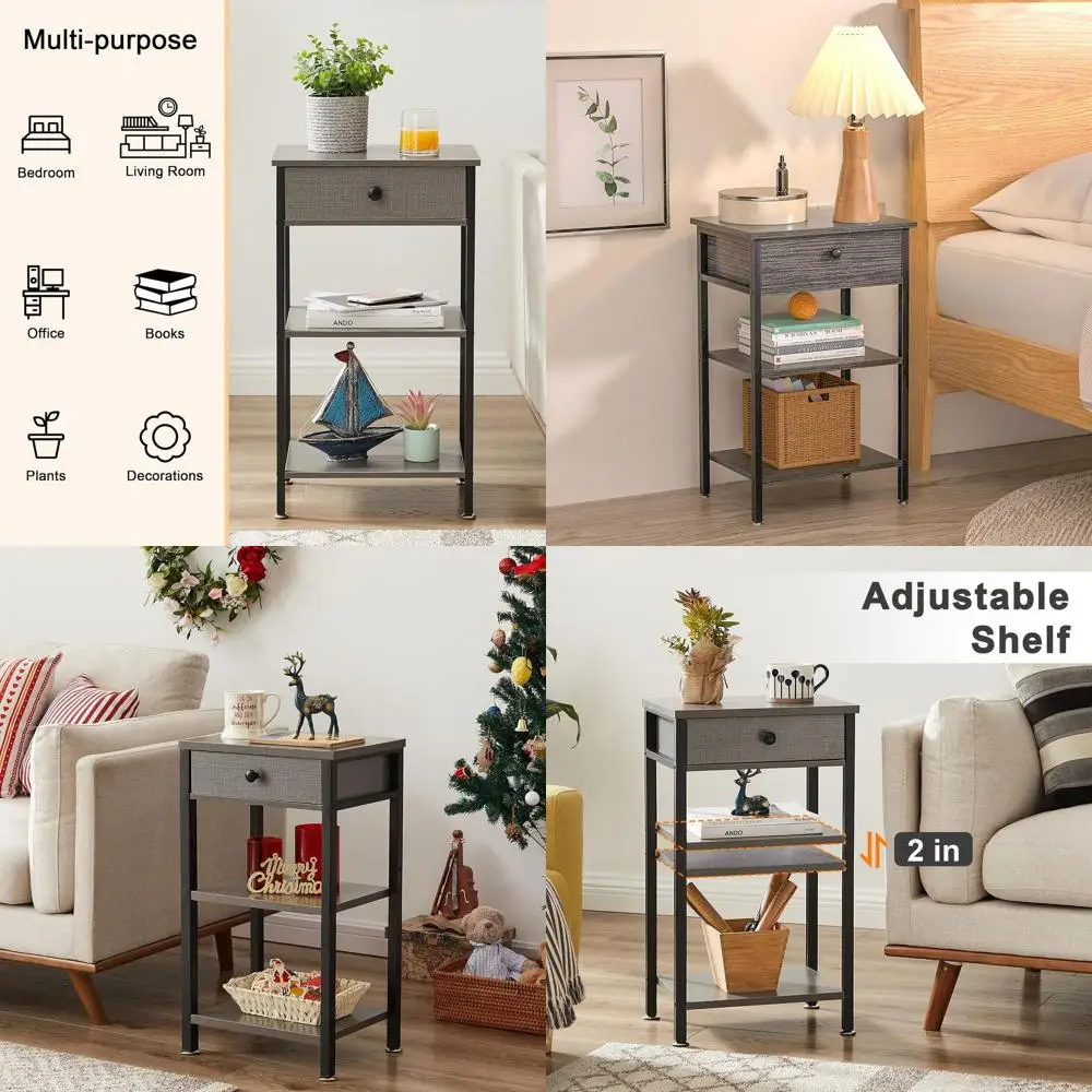 

Adjustable Shelf Nightstand with Bin Drawer for Compact Spaces in Living Room, Bedroom, and Entryway