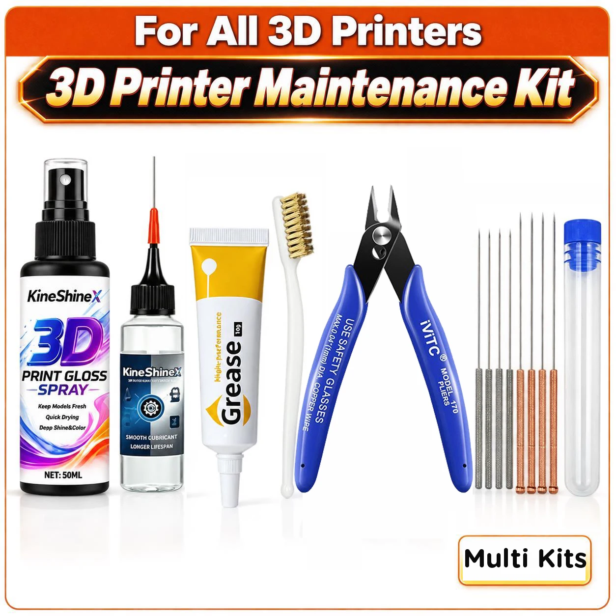 3D Printer Maintenance Complete Kit Lubricant Grease Gloss Spray Flush Cutter Pliers for Bambu Lab Flashforge Ender FDM Printer