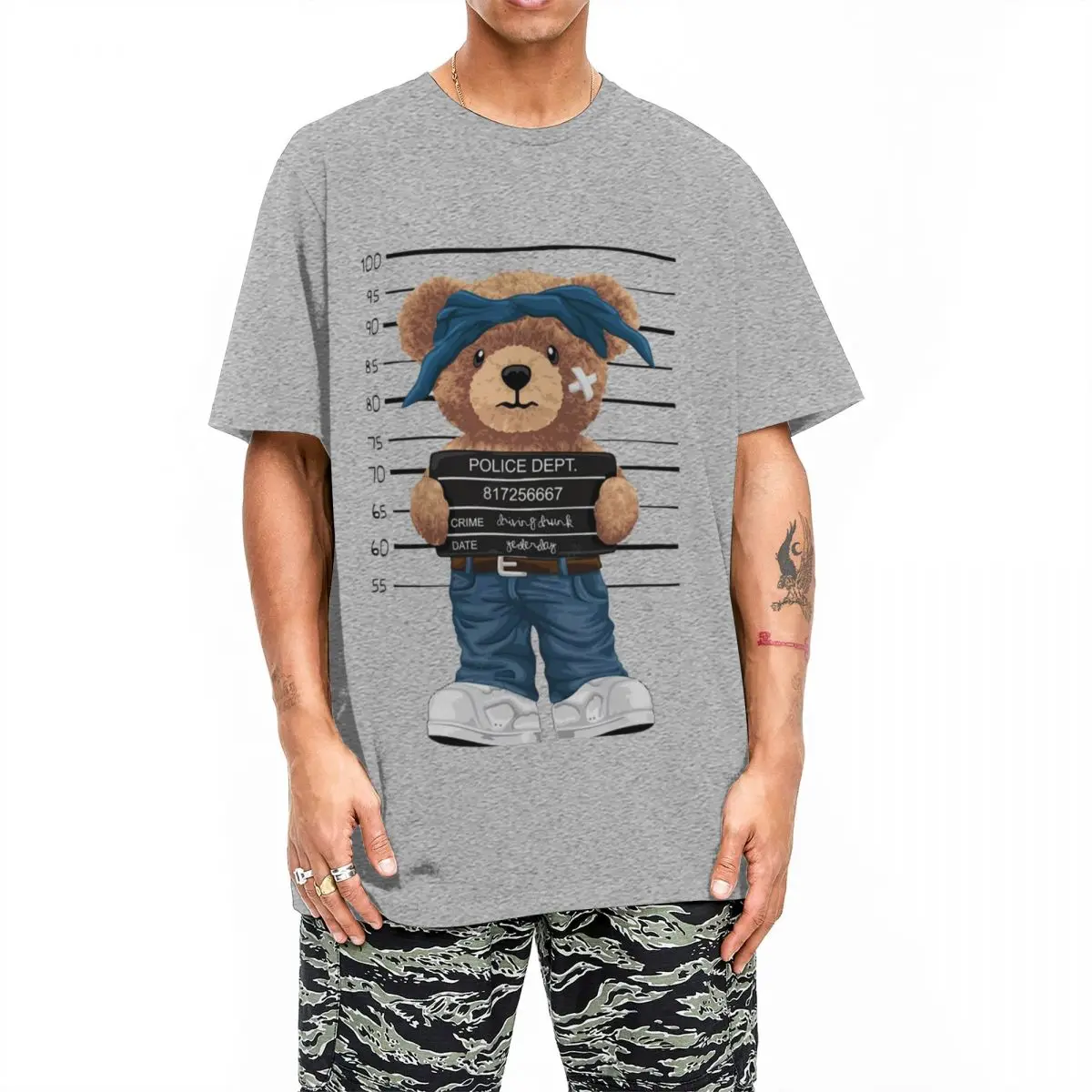 Printed Mugshot Teddy Bear Tshirt Men Crewneck Short Sleeve Top Tee 100%Cotton Summer Clothes