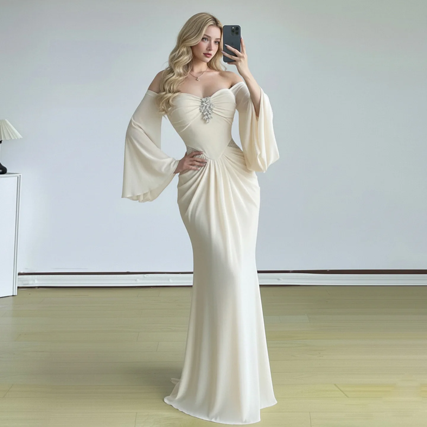 

Sexy Strapl Slimming Floor Length Skirt High Waist Draped Gown Polyester Knitted Wrap around Midriff Baring Long Sve Dr