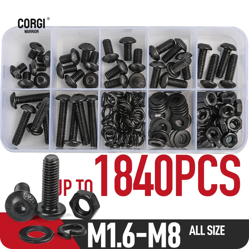 72-1840p Hex Button Socket Head Cap Screws Kit M1.6 M2 M2.5 M3 M4 M5 M6 M8 Black 10.9 Allen Round UNC Screw with Nuts Washers