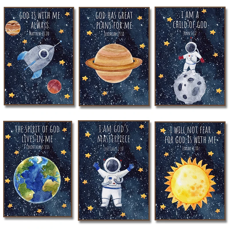 Space Astronaut Rocket Sun Jeremiah Isaiah Bible Verse Poster Canvas Painting Wall Art Motivational Picture for Room Home Decor