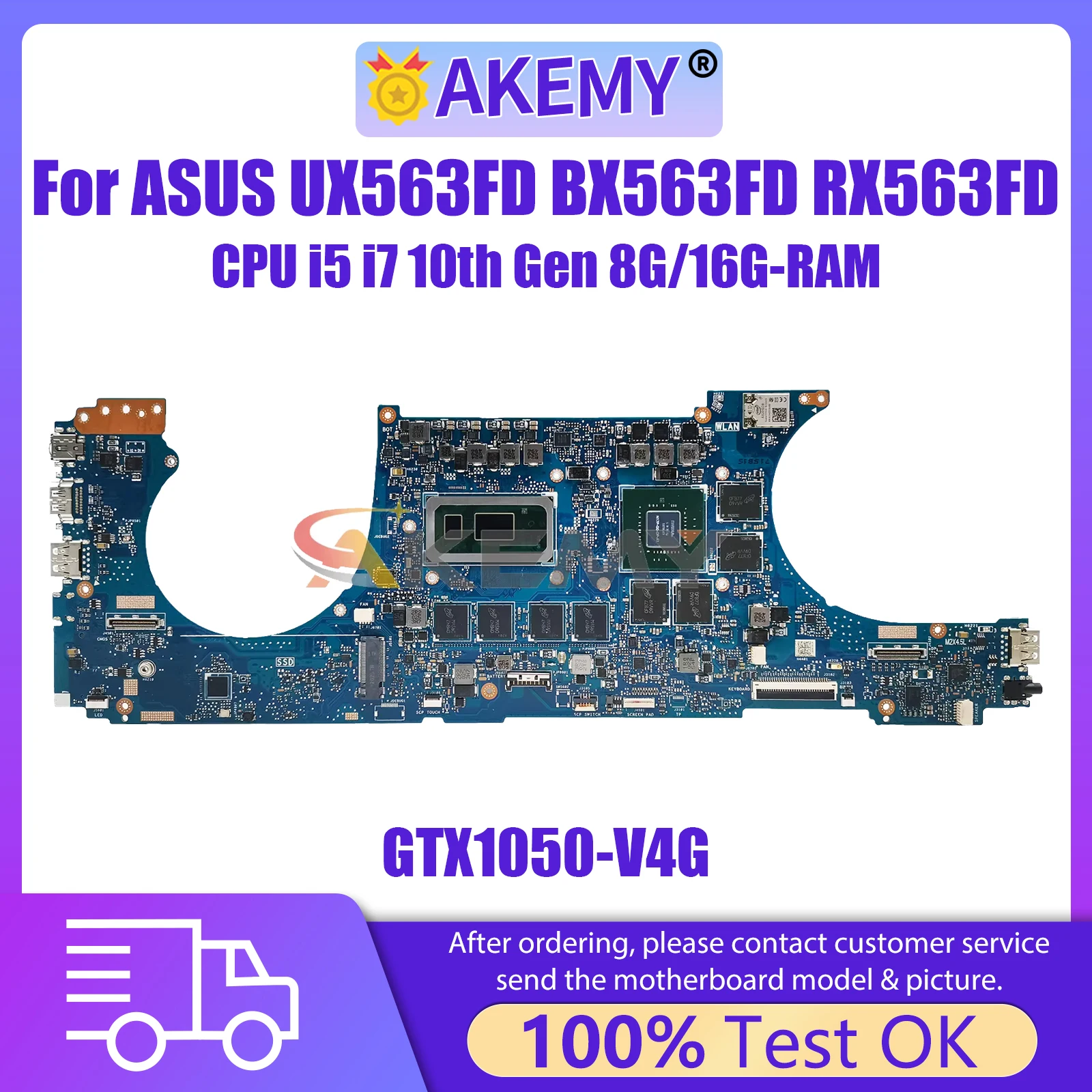 

Материнская плата AKEMY UX563FD для ноутбука Asus ZenBook Flip UX563F BX563FD Q536FD, материнская плата CPU i5 i7 10-го поколения 8 ГБ/16 ГБ ОЗУ GTX1050