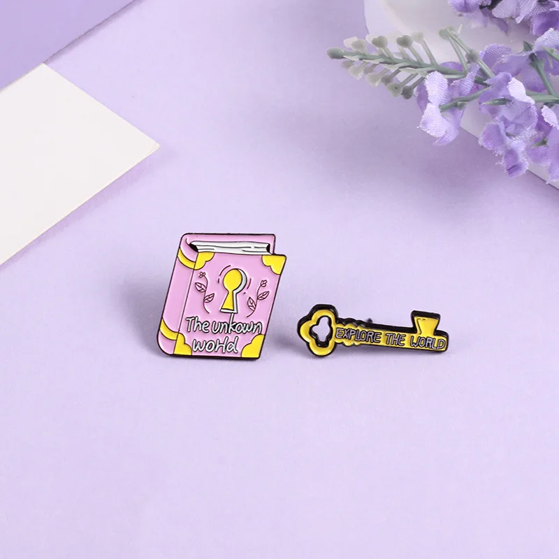 Cartoon The unkown wohd EXPLORE THE WORLDEnamel Pins Magic Book Key Fun Learning Brooches Lapel Badge Jewelry For Friend Kids