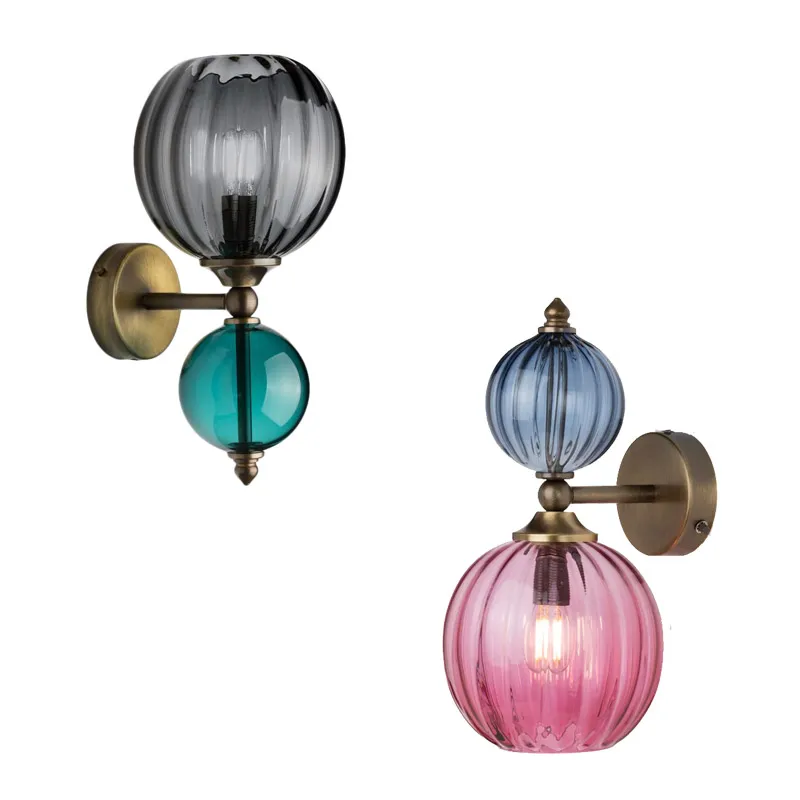 

American bronze wall lamp stained glass modern simple living room back wall Nordic mirror front bedroom bedside