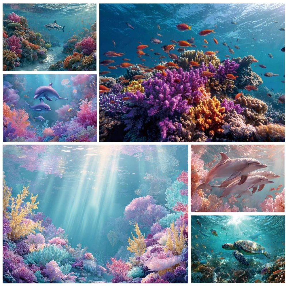 

MOON.QG Marine Underwater Aquarium Background Dolphin Pink Coral Starfish Backdrop Poster Baby Photobooth Decorations Studio