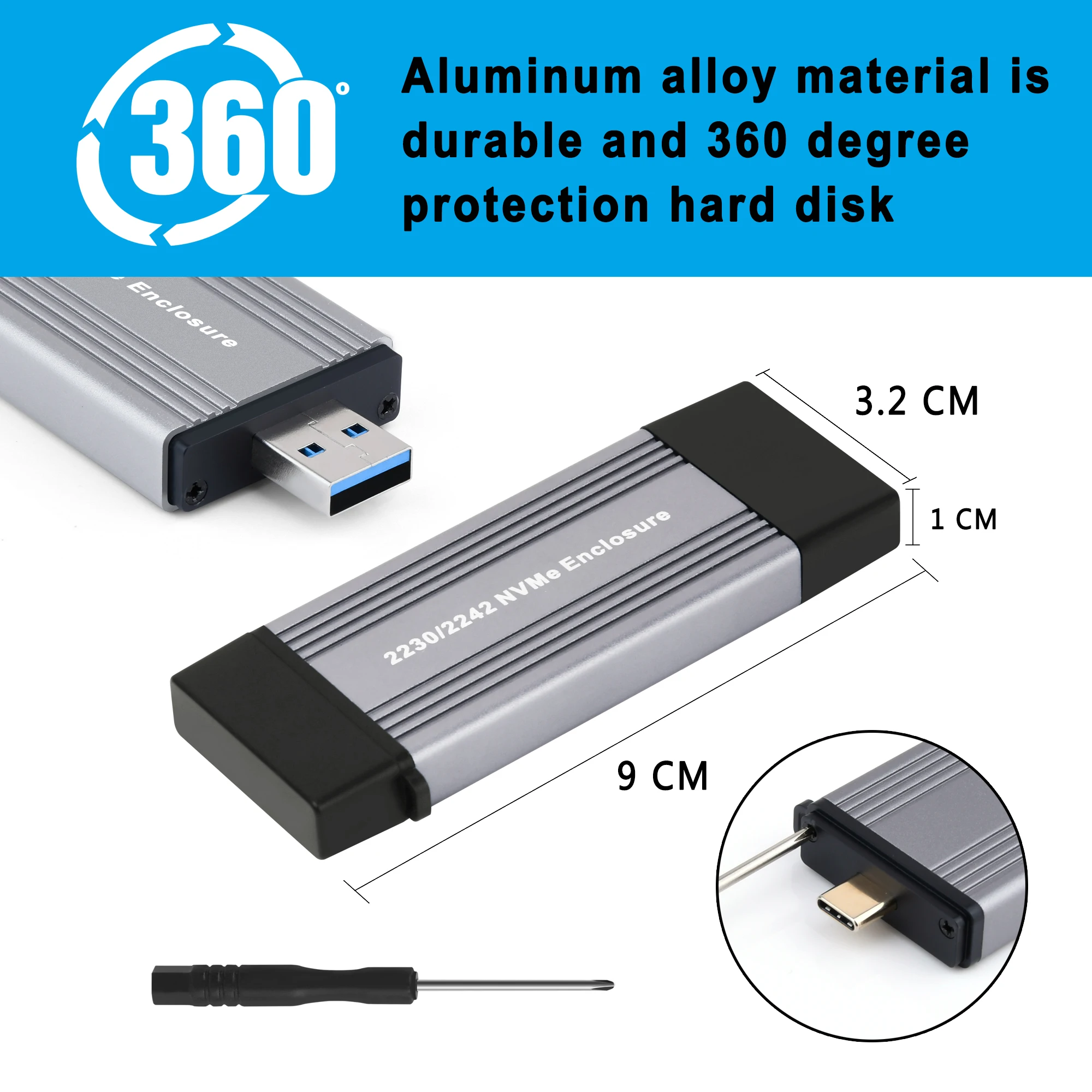 NVME Aluminum Enclosure M.2 to USB 3.1 Gen 2 Case 10Gbps Aluminum Case Type A + Type C External SSD For M/M+B Key 2230 2242