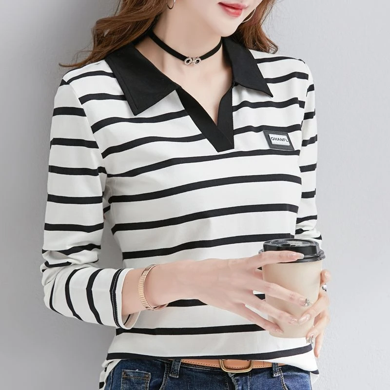 

Женская черно-белая полосатая футболка с длинными рукавами из чистого хлопка с воротником-поло, повседневный топ, весна-осень-зима, базовая многослойная рубашка