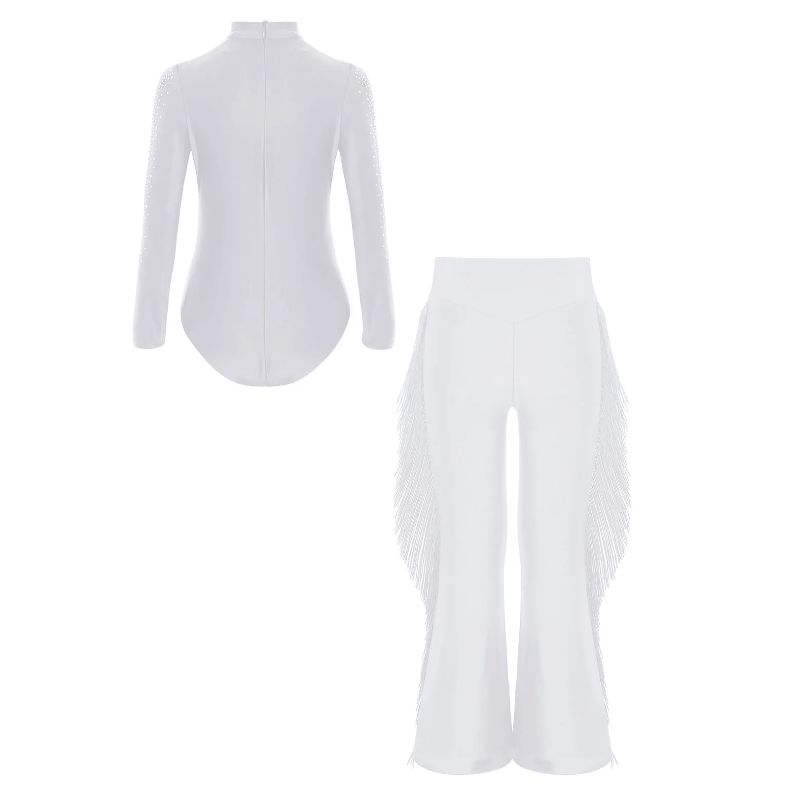 ชุดเต้นลาตินสำหรับเด็กผู้ชาย ชุดบอลรูม ชาชา แทงโก้ สำหรับการแสดงบนเวที เสื้อแขนยาวประดับเพชรเทียม พร้อมพู่ห้อย + กางเกงขาบาน