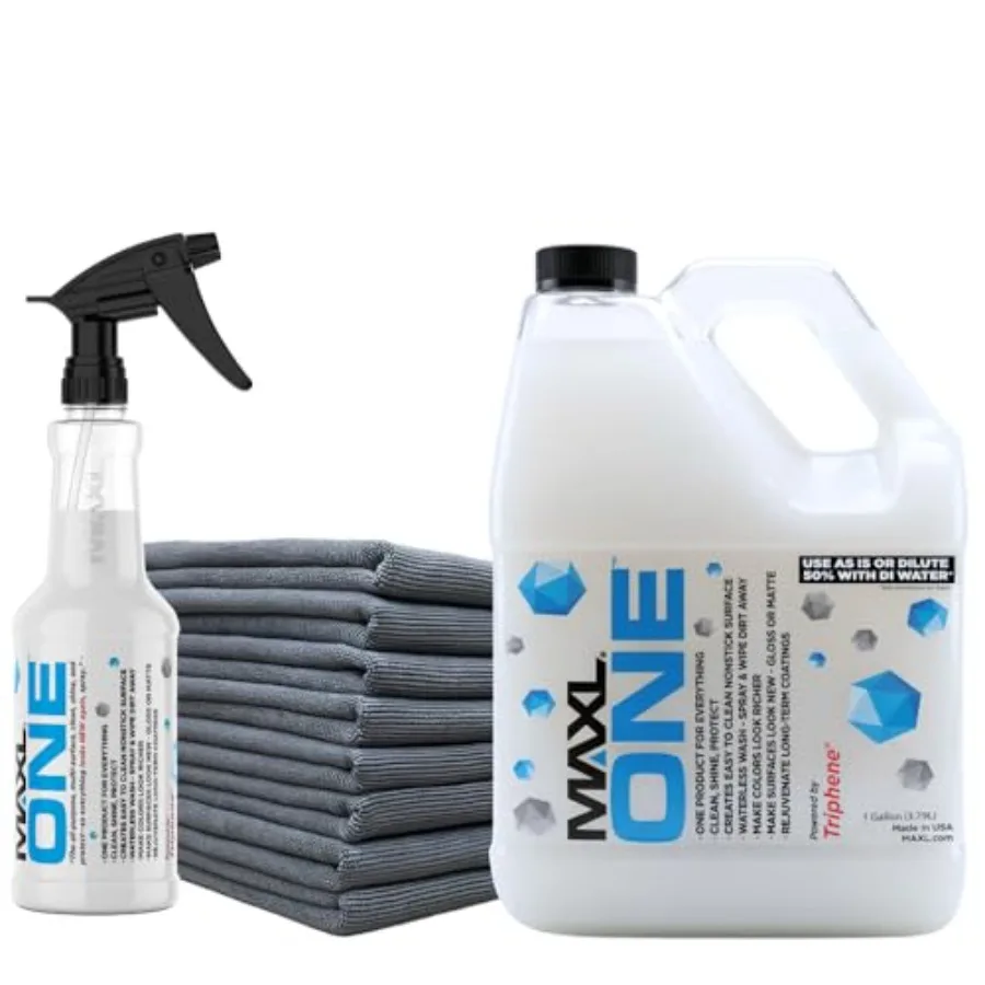 

Car detailing spray for paint glass wheels trim: waterless quick clean shine protect; triphene tech; 20oz/1gal; includes 8 micr