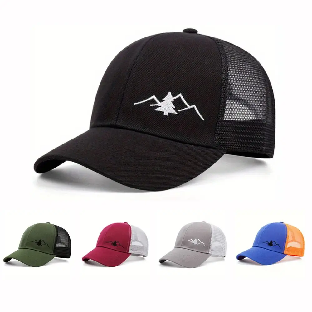 Mountain Embroidery Baseball Cap Breathable Design Duck Tongue Brim Sun Shading Hat Adjustable Fit Net Construction Casual Hat