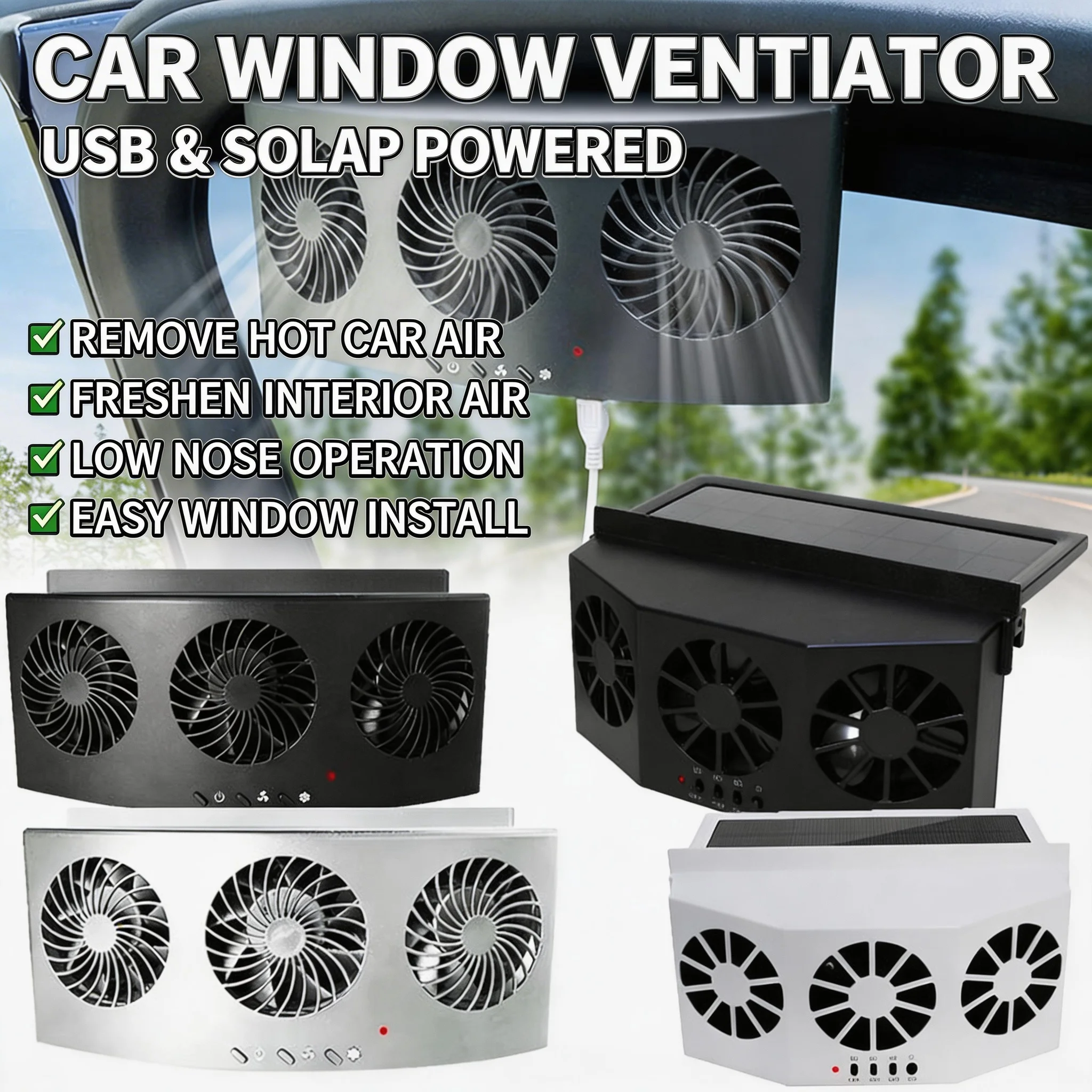 New 3 Head Car Exhaust Fan USB Rechargeable Solar High Wind Power Air Circulation Cooling Heat Dissipation Long Battery Life