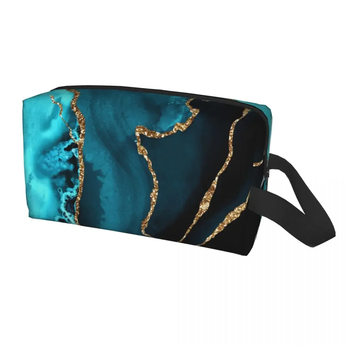 Teal Blue And Gold Hues Marble Agate Toiletry Bag Geometric Modern Cosmetic Makeup Organizer Beauty Storage Dopp Kit Case