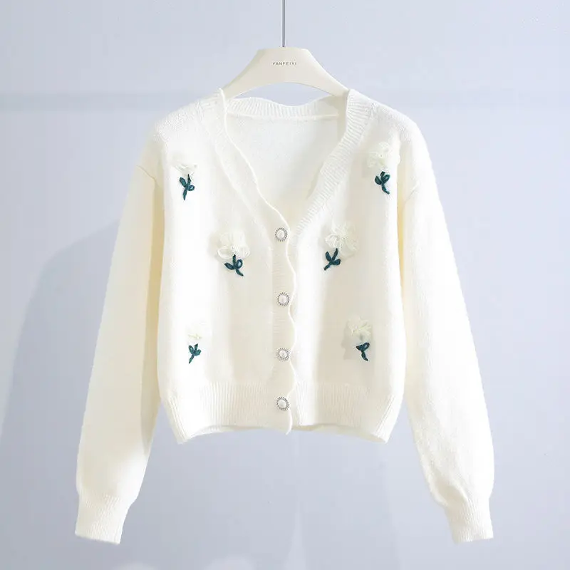

2023 Autumn V-Neck Flower Embroidery Coat Women's Loose Casual Fashion Knitted Coat Gentle Style Office Lady Button Sweater Coat
