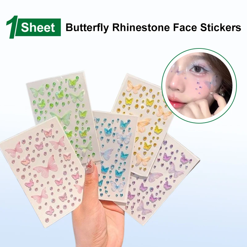1 Sheet Elf Butterfly Rhinestone Face Stickers Kawaii Self Adhesive Weaving Butterfly Decor For Stage Concert Makeup Supplies