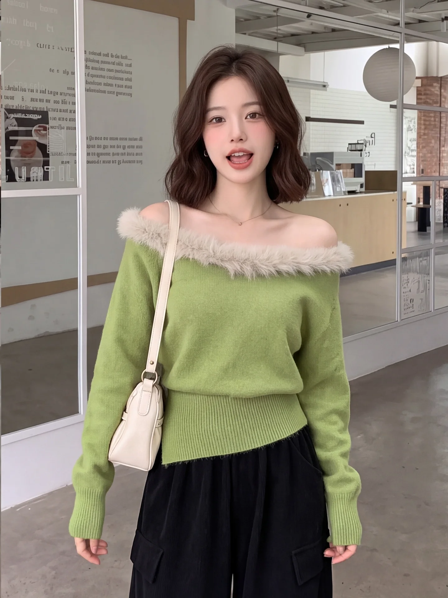 Laid-back Retro Knitted Sweater Women's Autumn Winter Slimming One-Shoulder Fur Collar Irregular Waist-Cinching Knitwear