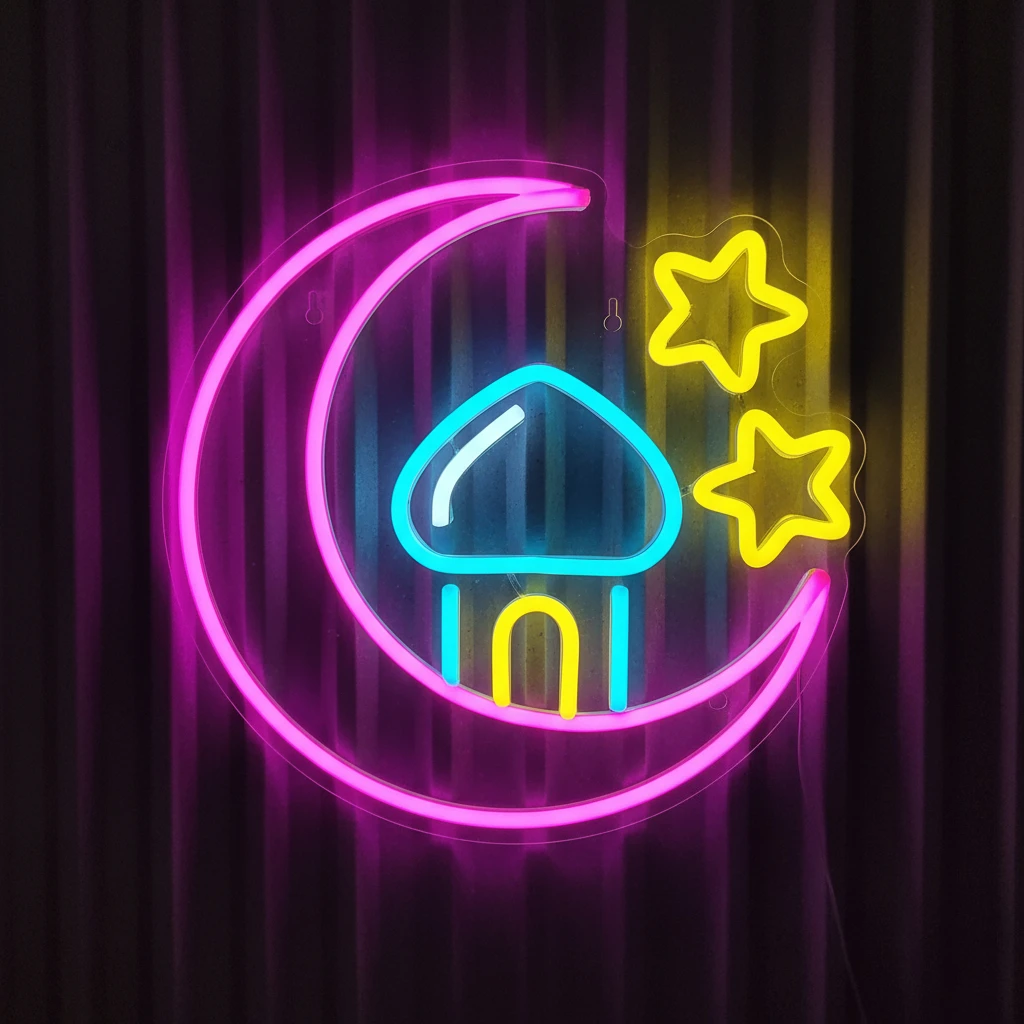 

Ramadan Festival LED Neon Sign - USB-Powered Moon & Mosque with Stars, Easy Hang Wall Decor for Home Office Parties Festivals