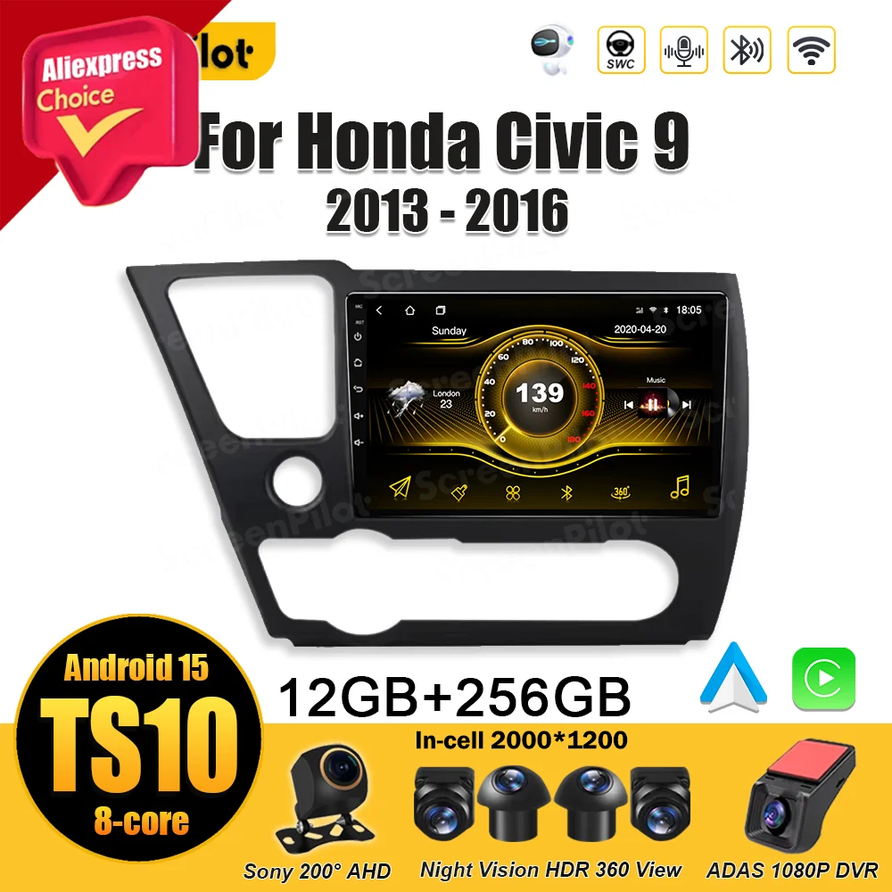 أندرويد 15 لهوندا سيفيك 9 2013 - 2016 أندرويد السيارات راديو السيارة Carplay ستيريو رئيس وحدة لاسلكية أندرويد السيارات بلوتوث DSP #1