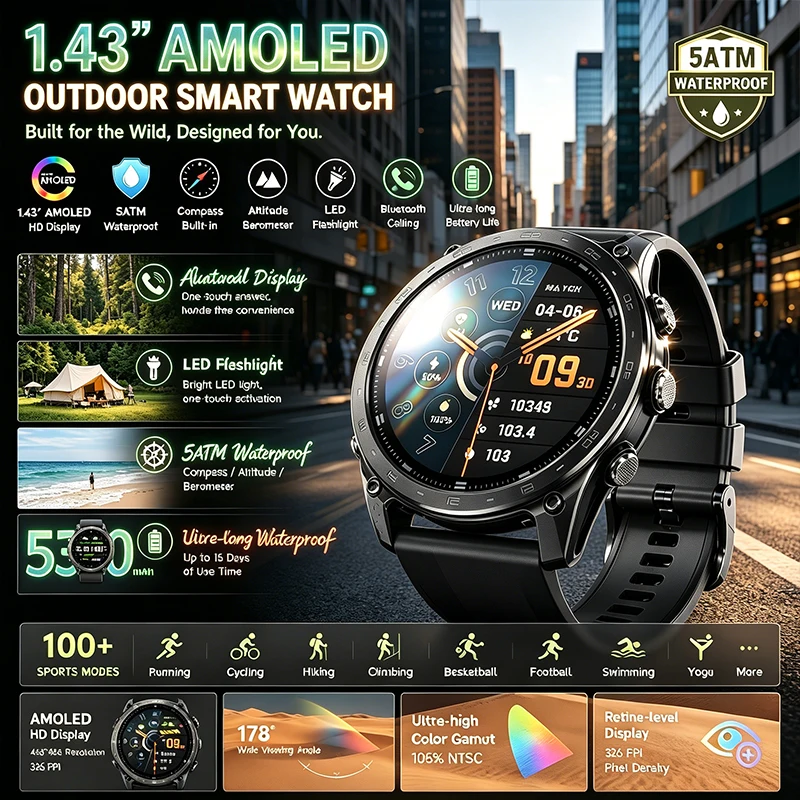 Nouvelle montre connectée Bluetooth avec appel, écran AMOLED 1,43 pouces, étanche 5ATM, lampe torche LED, assistant vocal intelligent, mode sport