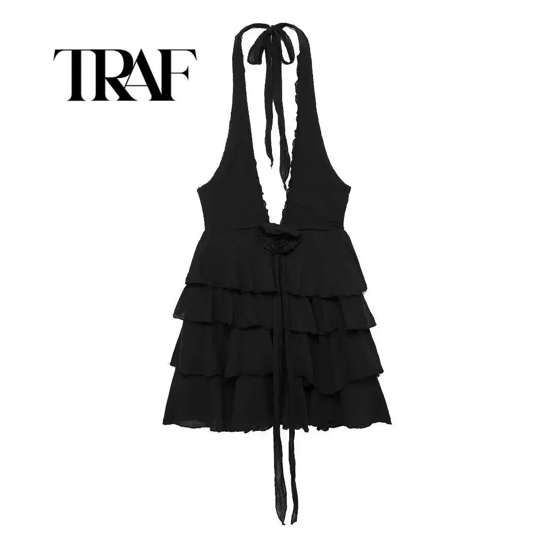 TRAF Women Summer Sexy Mini Dress Black Sleeveless Backless Bow Lace-Up 3D Flowers Decoration Zipper Women Fashion Dresses