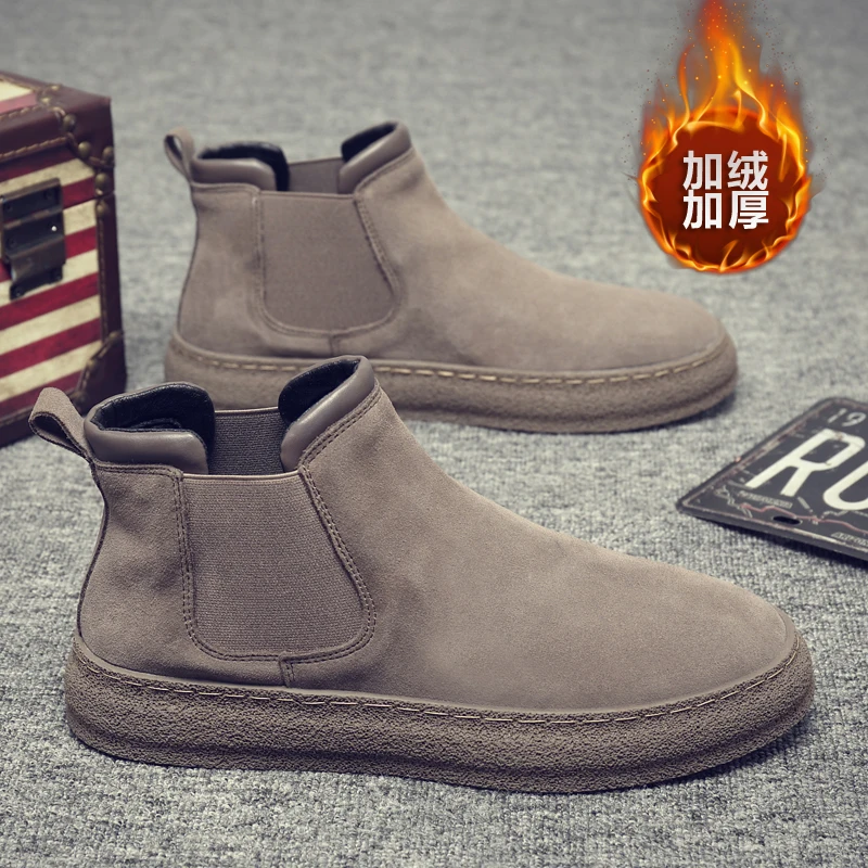 

High Top Short Boots Retro Handmade Suede Cowhide Leather Men's Casual Shoes Slip On Chelsea Boots Black Brown Ankle Boots