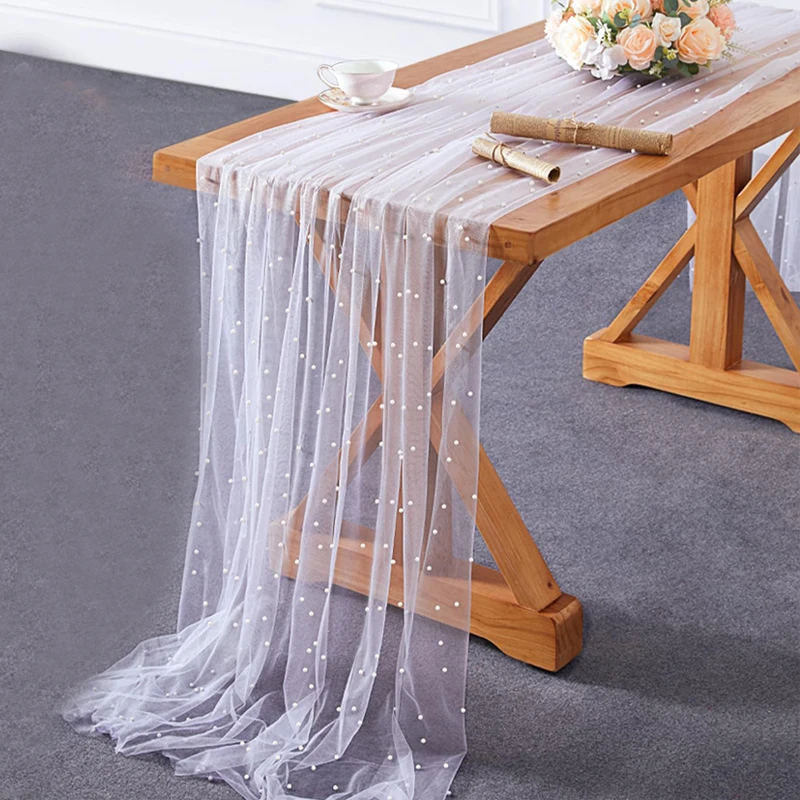 White Tablecloth Pearl Tulle Tablecloth for Wedding Party Table Runner Decoration