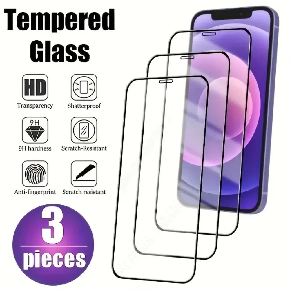 

3 упаковки защитных пленок с черной рамкой для iPhone 17 17 Pro 16 17 Promax 15 14 Plus 12 13 Mini закаленное стекло 16E 11 Promax XR X XS