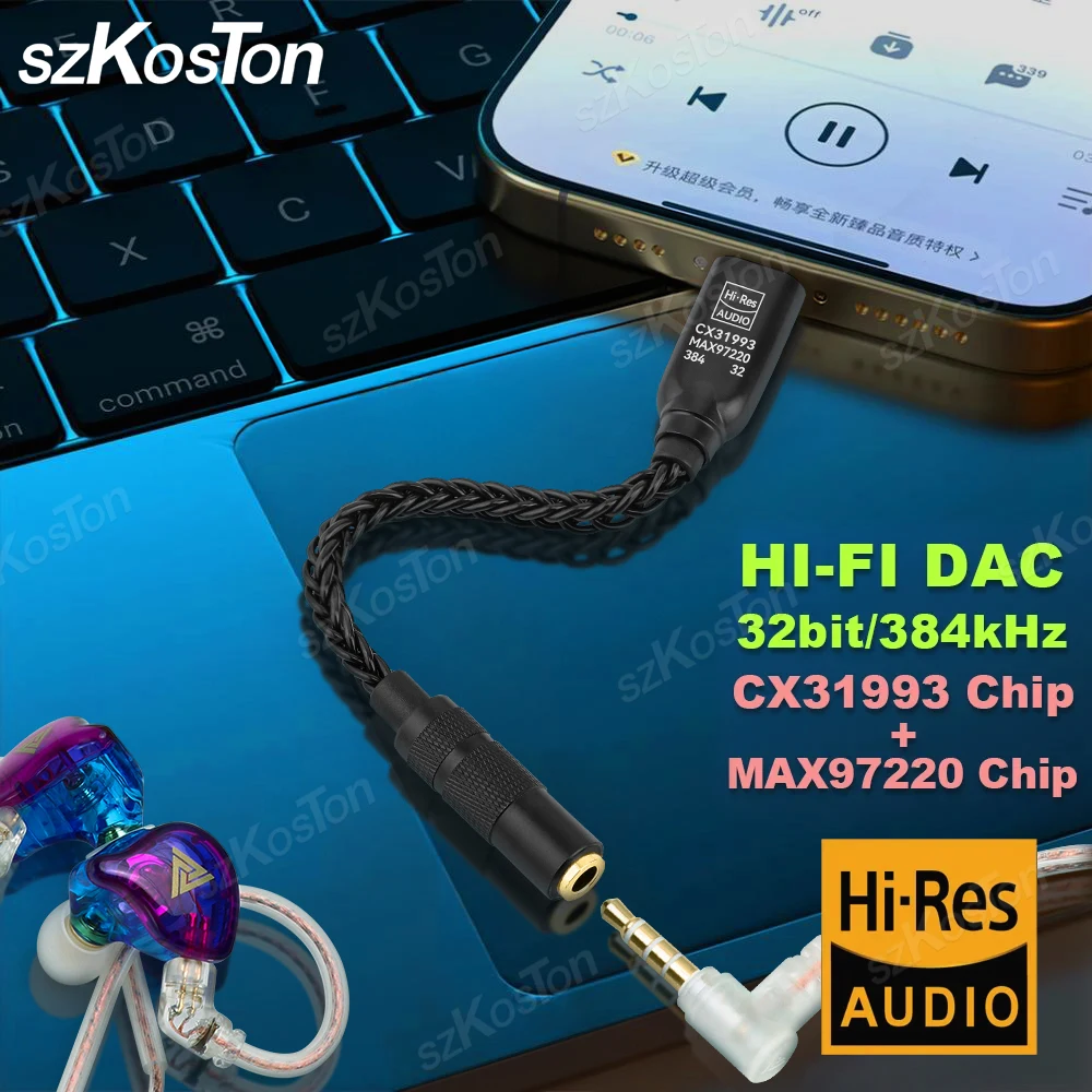 CX31993 MAX97220 Dual Chip Type C to 3.5mm Headphone Amplifier DAC HiFi Audio Decoder IEM AMP Smartphone Adapter for Android