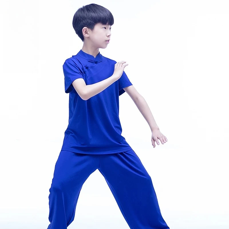 Short Sleeve Chinese Style Kids Tai Chi Uniform Boys Martial Arts Kung Fu Training Performance Outfit for Competition Show