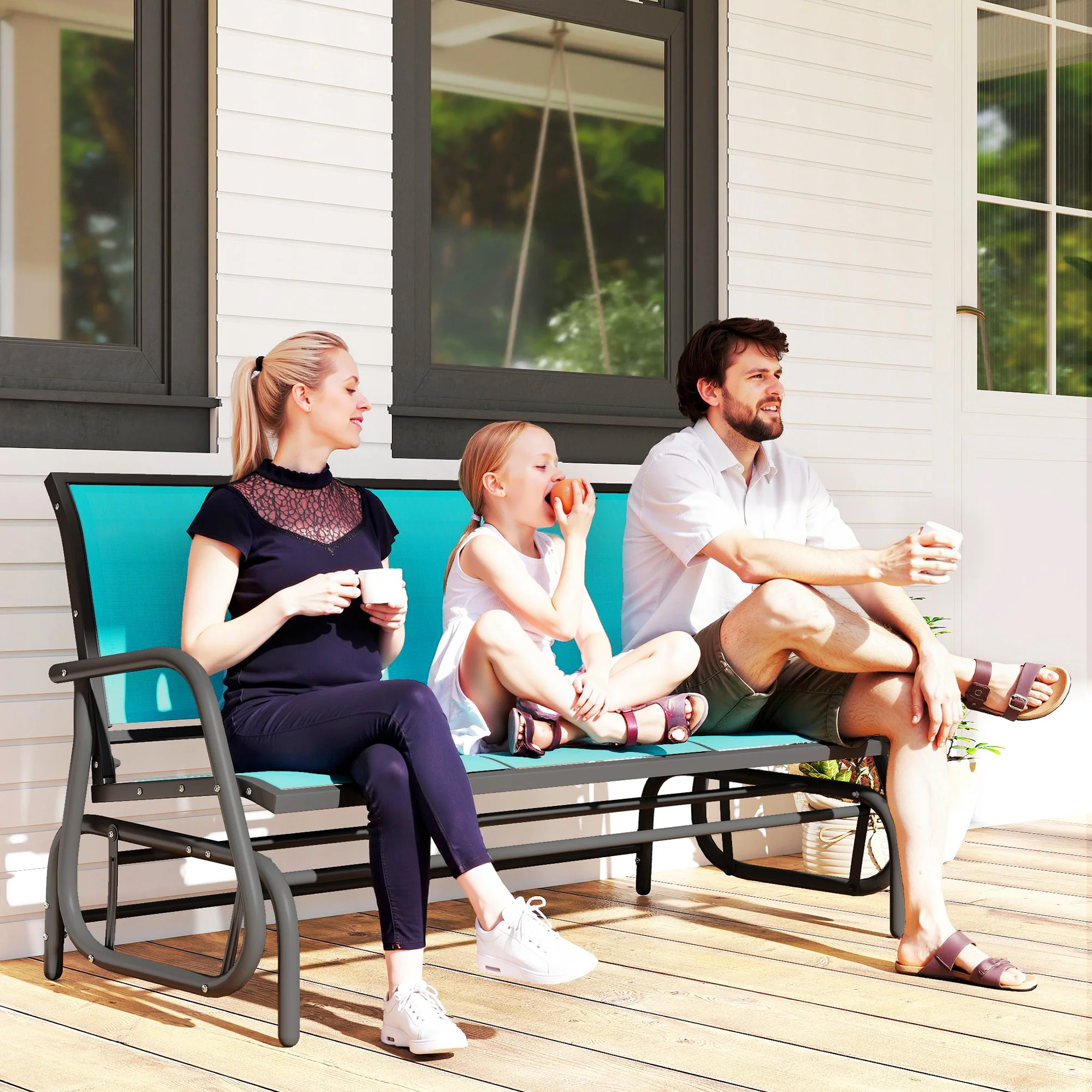 3-Person Outdoor Patio Glider Bench, Porch Glider Swing with 3 Seats, Breathable Mesh Fabric, Metal Frame, Blue