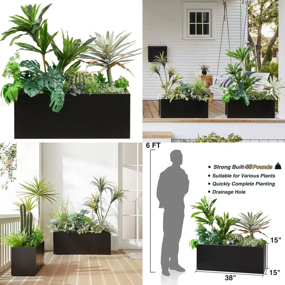 

Большой прямоугольный черный металлический кашпо для улицы/в помещении, длина 38 x 15 x высота, 40 фунтов с ручкой