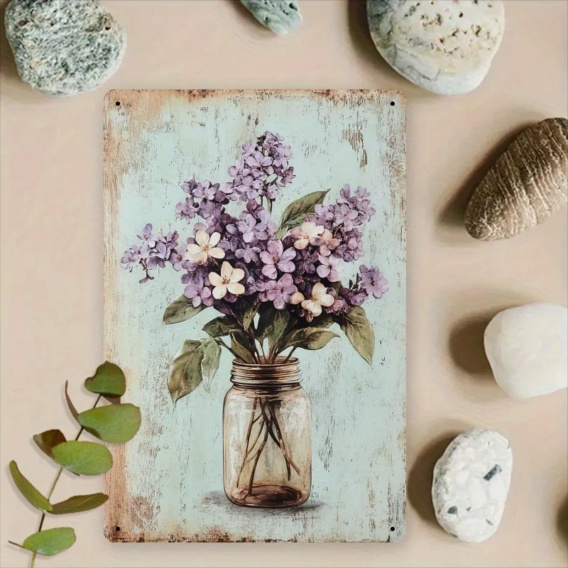 Metal Wall Art Sign - Rustic Violet & Lily Flowers in Wooden