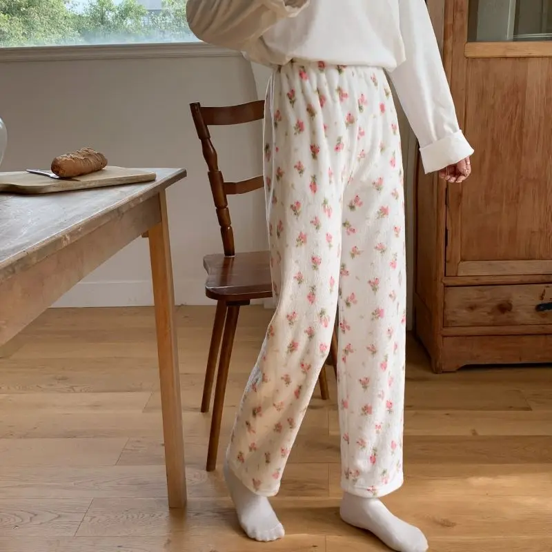 Cute Floral Fluffy Pajama Pjs Pants Women's Y 2k Kawaii Flannel Plush Fuzzy Sleepwear Trousers Ladies Y2k Sleeping Pijama Pants