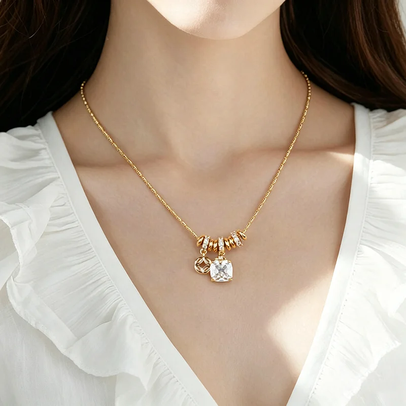 2026 Goldfarbene Perlenkette mit quadratischem Zirkonia-Anhänger, Zirkon-Charm-Halskette, minimalistisch, für Damen, Alltagsschmuck, Geschenk – Detail 8